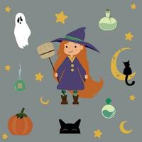 Halloween ensemble avec sorcière, fantôme, lune et chat vecteur