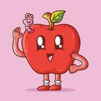 mignonne content Pomme fruit et fruit Ver de terre mascotte personnage vecteur dessin animé illustration. Pomme vecteur dessin animé illustration