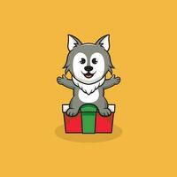 mignonne Loup avec Noël cadeau dessin animé illustration vecteur