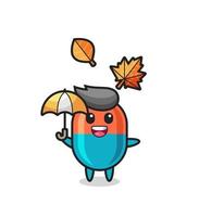 dessin animé de la capsule mignonne tenant un parapluie en automne vecteur