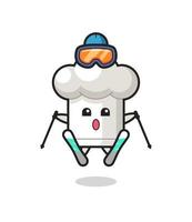 personnage de mascotte de chapeau de chef en tant que joueur de ski vecteur