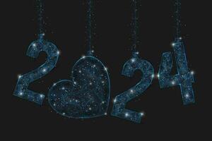 abstrait isolé bleu image de Nouveau année nombre 2024. polygonal faible poly filaire illustration regards comme étoiles dans le noir nuit ciel dans spase ou en volant verre fragments. numérique la toile, l'Internet conception. vecteur