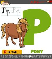 lettre p de alphabet avec dessin animé poney animal personnage vecteur