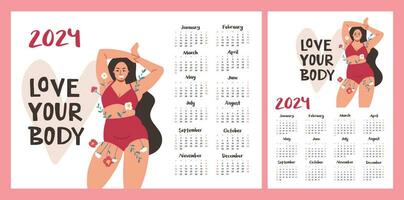 calendrier disposition pour 2024. une magnifique dodu fille pour une corps positif. horizontal et verticale impression modèle vecteur