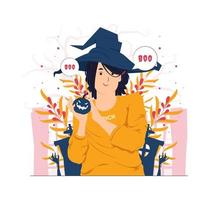 Fille avec un chapeau de sorcière tenant une citrouille sur l'illustration du concept d'halloween vecteur