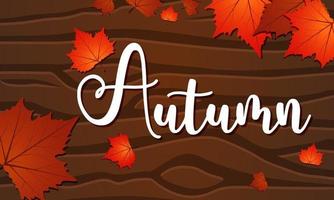 affiche de carte de voeux d'automne avec des feuilles d'érable et un fond de bois vecteur