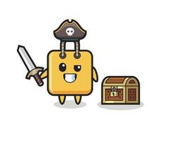 le personnage de pirate de sac à provisions tenant une épée à côté d'une boîte au trésor vecteur