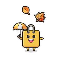 dessin animé du sac à provisions mignon tenant un parapluie en automne vecteur