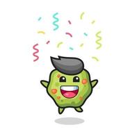 mascotte de vomi heureux sautant pour félicitation avec des confettis de couleur vecteur