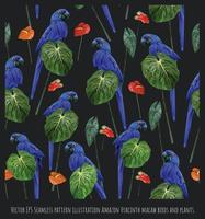 illustration de modèle sans couture amazon hyacinth macaw oiseaux et plantes vecteur
