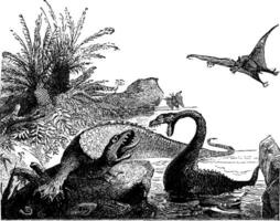 scène de le jurassique période, ichtyosaure, plésiosaure, ptérosaure, ancien gravure. vecteur