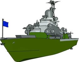 3d vecteur illustration sur blanc Contexte de une vert et gris militaire bateau avec une bleu drapeau