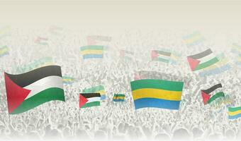 Palestine et Gabon drapeaux dans une foule de applaudissement personnes. vecteur