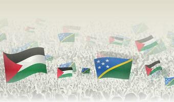 Palestine et Salomon îles drapeaux dans une foule de applaudissement personnes. vecteur
