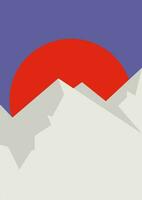 montagnes paysage avec pics et rouge Soleil illustration affiche. hiver, l'automne minimaliste mur décor vecteur