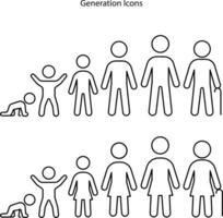 icône ensemble de une gens à différent âge, enfant d'âge préscolaire enfant 1-5 ans vieux, primaire école âge 6-9, Sénior école âge 10-14, adolescent 15-18, Jeune homme 19-30, moyenne 40-50, personnes âgées 60-80. vecteur