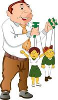 une dessin animé homme en portant deux marionnettes et une enfant vecteur