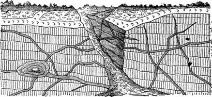 exemple éruptif veines par le stratifié rochers, ancien gravure. vecteur