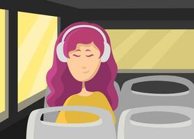 fille dans le autobus écoute à musique, illustration, vecteur sur une blanc Contexte.