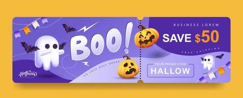 fond de bannière de coupon de promotion de cadeau halloween avec un fantôme mignon vecteur