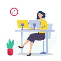 femme d'affaires travail sur ordinateur à bureau. vecteur illustration dans plat style