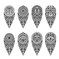 ensemble de tatouage esquisser maori style pour jambe ou épaule avec Soleil symboles visage et svastika. noir et blanche. vecteur