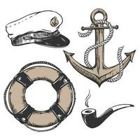 vecteur ensemble de ancien nautique éléments. du capitaine casquette, fumeur tuyau, la vie bouée, métal ancre, corde. gravure style illustration. éléments pour emballage conception, menu de une mer restaurant.