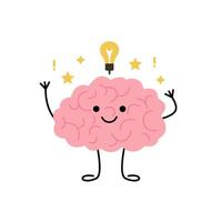 cerveau penser, lumière ampoule comme idée, mignonne enfant personnage. content cerveau apprendre et trouve solution. vecteur illustration