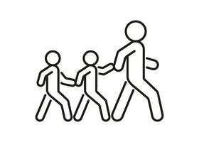piéton adulte la personne et les enfants marcher, escorte tenir main, ligne icône. sans encombre traverser route et marcher symbole. vecteur contour illustration