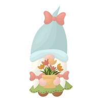 une jardin gnome avec fleurs dans une pot. vecteur illustration sur une blanc Contexte.