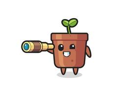 le personnage mignon de pot de plante tient un vieux télescope vecteur