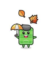 dessin animé du terrain de football mignon tenant un parapluie en automne vecteur