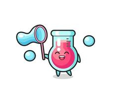 dessin animé heureux de bécher de laboratoire jouant la bulle de savon vecteur