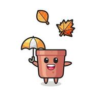 dessin animé du pot de fleurs mignon tenant un parapluie en automne vecteur