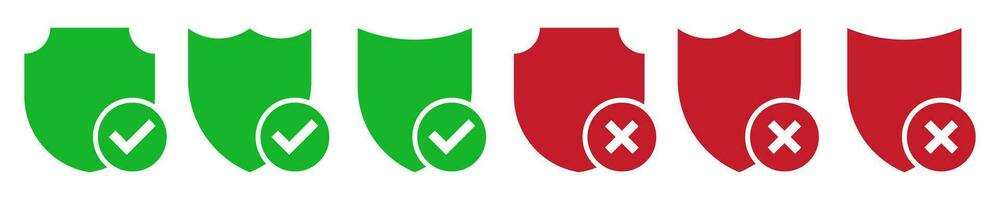 icône bouclier vert vérifier marque et rouge traverser. vecteur