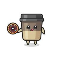 illustration d'un personnage de tasse de café mangeant un beignet vecteur