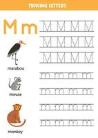 tracé alphabet des lettres pour enfants. animal alphabet. lettre m est pour marabout Souris singe. vecteur