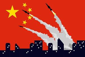 illustration de tir de missiles sur fond de drapeau chinois. vecteur