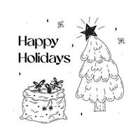 Noël ensemble de griffonnage éléments. main tiré Noël graphique. vecteur Stock illustration sur isolé blanc Contexte. Noël carte avec une de fête sapin arbre et une sac de cadeaux.