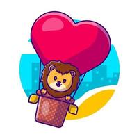 lion mignon volant avec amour ballon cartoon vector illustration