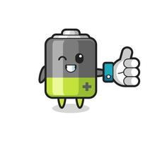 batterie mignonne avec le symbole du pouce levé des médias sociaux vecteur