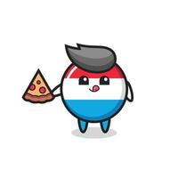 dessin animé mignon d'insigne de drapeau du luxembourg mangeant de la pizza vecteur