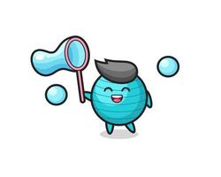 dessin animé joyeux ballon d'exercice jouant à la bulle de savon vecteur