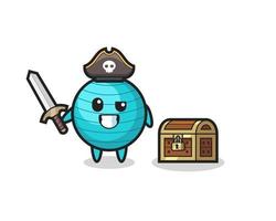le personnage de pirate de ballon d'exercice tenant une épée à côté d'un coffre au trésor vecteur