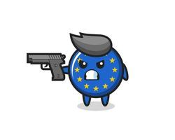 le mignon personnage d'insigne du drapeau de l'europe tire avec une arme à feu vecteur