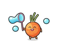 heureux dessin animé de carotte jouant à la bulle de savon vecteur