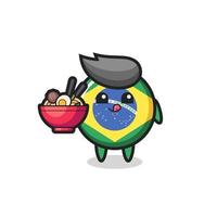 personnage mignon d'insigne de drapeau du brésil mangeant des nouilles vecteur