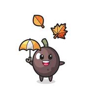 dessin animé de l'olive noire mignonne tenant un parapluie en automne vecteur