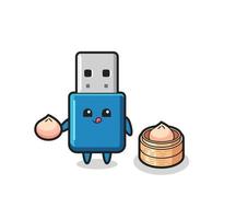 personnage usb de lecteur flash mignon mangeant des petits pains cuits à la vapeur vecteur