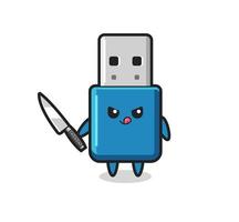 Adorable mascotte usb de lecteur flash en tant que psychopathe tenant un couteau vecteur